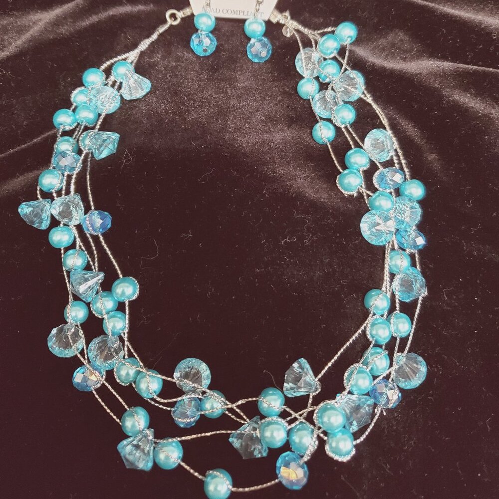 5-Strand Necklace w/Pearly Light Aqua Beads & Aqua Crystals w/Matching Earrings